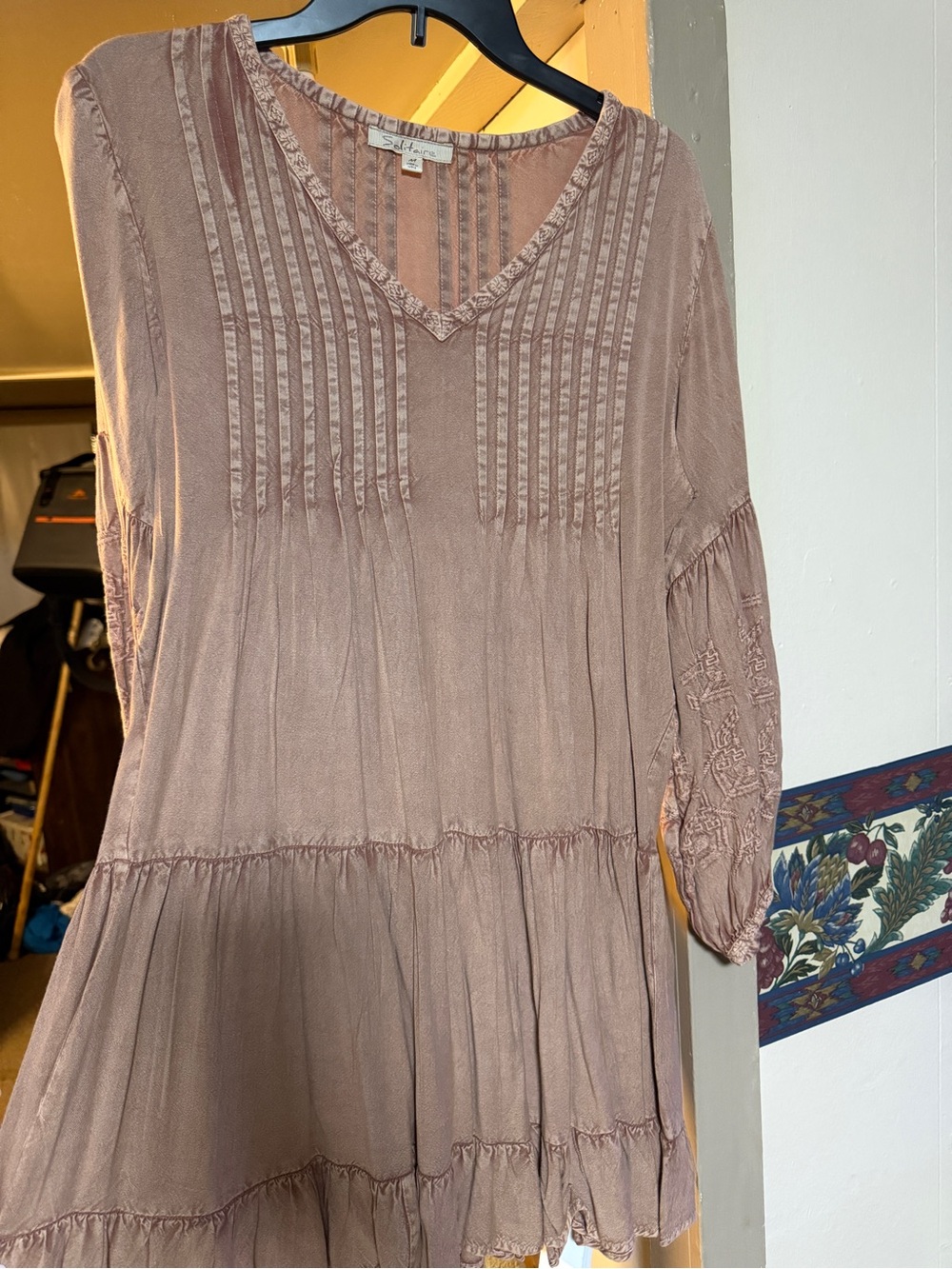 Solitaire Mauve-Taupe Pintuck Tiered V-Neck Dress